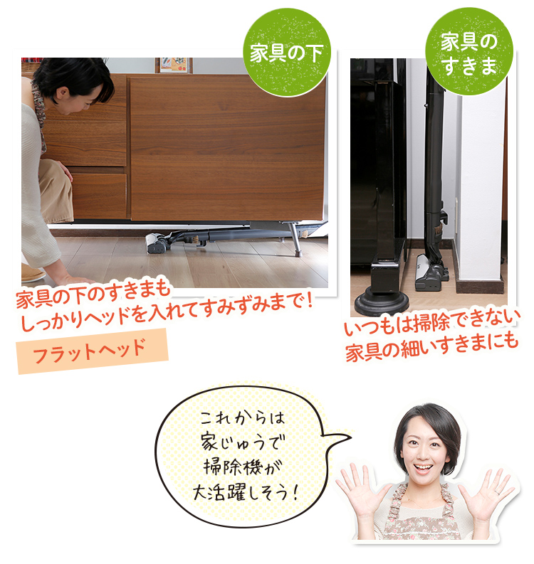 「家具の下」「家具のすきま」→フラットヘッド