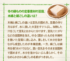 「冬の鍋ものの定番素材の豆腐。
木綿と絹ごしの違いは？」
木綿と絹ごしの違いは豆乳の固め方。豆腐の作り方はまず、水に浸した大豆をすりつぶし、加熱した汁をこして豆乳とおからに分けます。豆乳ににがりなどの凝固剤を加え、ゆるく固まったものを木綿布を敷いた型箱に流し込み、重しをして水分を抜きながら成型したのが木綿豆腐。一方、絹ごしは絹布を使うわけではなく、濃い豆乳をそのまま凝固剤で固めます。水分を抜かないぶん柔らかく、そのなめらかさから絹ごしの名前がつきました。