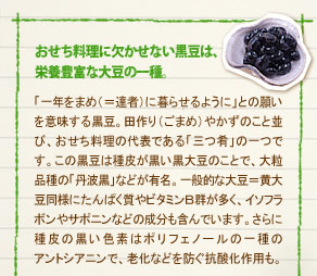 「おせち料理に欠かせない黒豆は、
栄養豊富な大豆の一種。」
「一年をまめ（＝達者）に暮らせるように」との願いを意味する黒豆。田作り（ごまめ）やかずのこと並び、おせち料理の代表である「三つ肴」の一つです。この黒豆は種皮が黒い黒大豆のことで、大粒品種の「丹波黒」などが有名。一般的な大豆＝黄大豆同様にたんぱく質やビタミンＢ群が多く、イソフラボンやサポニンなどの成分も含んでいます。さらに種皮の黒い色素はポリフェノールの一種のアントシアニンで、老化などを防ぐ抗酸化作用も。