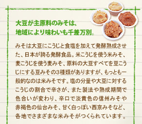 「大豆が主原料のみそは、
地域により味わいも千差万別。」
みそは大豆にこうじと食塩を加えて発酵熟成させた、日本が誇る発酵食品。米こうじを使う米みそ、麦こうじを使う麦みそ、原料の大豆すべてを豆こうじにする豆みその３種類がありますが、もっとも一般的なのは米みそです。塩の分量や大豆に対するこうじの割合で辛さが、また製法や熟成期間で色合いが変わり、辛口で淡黄色の信州みそや赤褐色の仙台みそ、甘く白っぽい西京みそなど、各地でさまざまな米みそがつくられています。