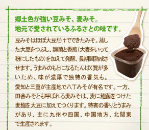 「郷土色が強い豆みそ、麦みそ。地元で愛されているふるさとの味です。」豆みそはほぼ大豆だけでできたみそ。蒸した大豆をつぶし、麹菌と香煎（大麦をいって粉にしたもの）を加えて発酵、長期間熟成させます。うまみのもとになるたんぱく質が多いため、味が濃厚で独特の香気も。愛知と三重が主産地で八丁みそが有名です。一方、田舎みそとも呼ばれる麦みそは、麦に麹菌をつけた麦麹を大豆に加えてつくります。特有の香りとうまみがあり、主に九州や四国、中国地方、北関東
で生産されます。