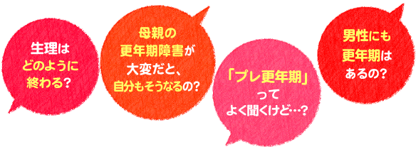 ○生理はどのように終わる?
○母親の更年期障害が大変だと、自分もそうなるの?
○「プレ更年期」って良く聞くけど…?
○男性にも更年期はあるの?
