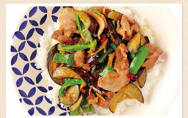 なすと豚肉のみそ炒めのっけご飯