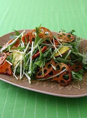 揚げ根菜と水菜のサラダ