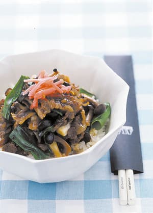 わけぎとしめじの牛丼