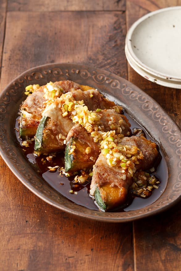 かぼちゃの肉巻き焼き ねぎだれがけ