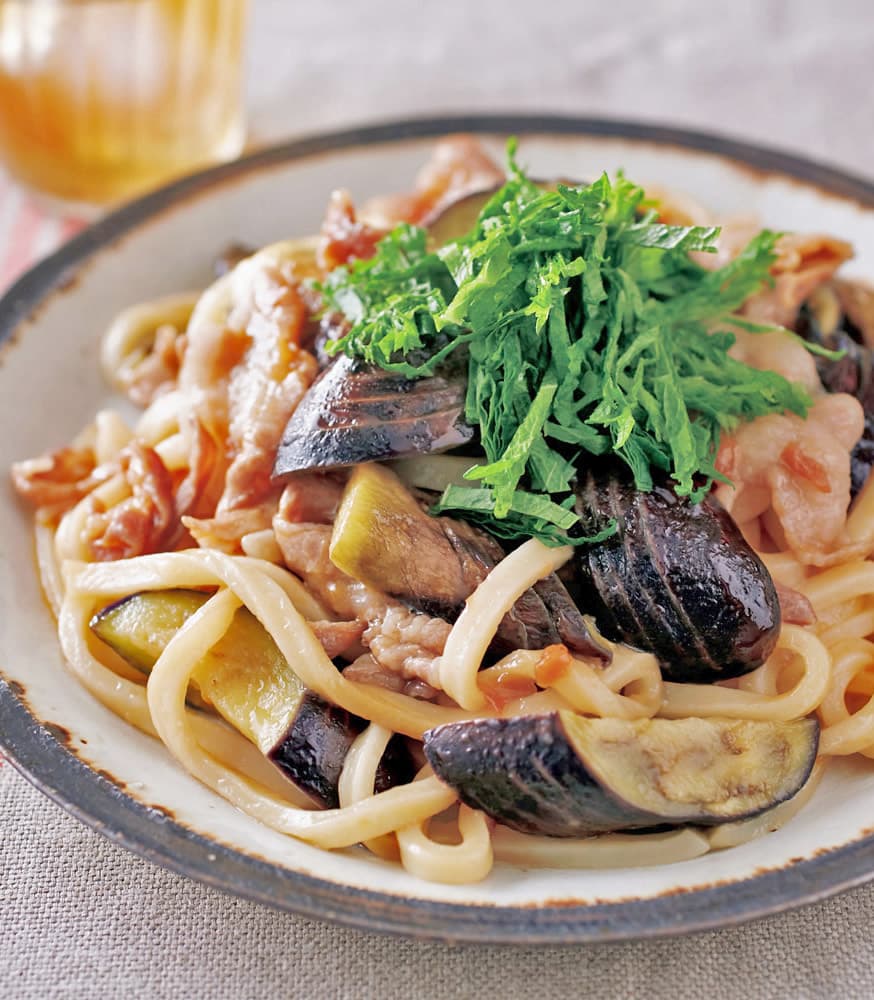 豚バラとなすの梅オイスター風うどん