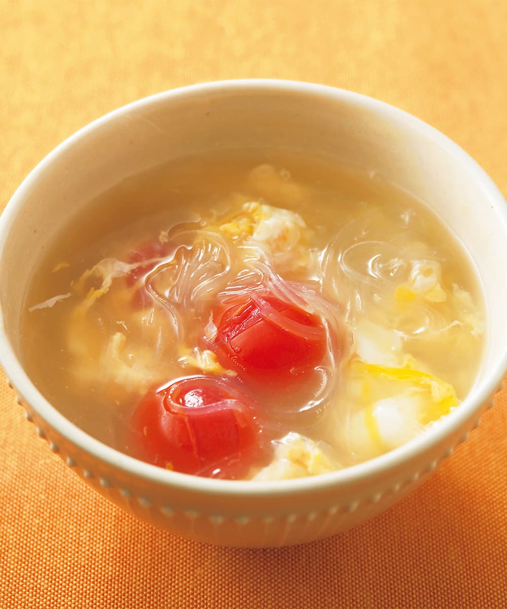 ミニトマトと卵の春雨スープ