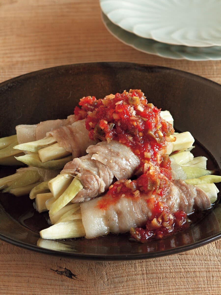 なすの肉巻き中華風トマトだれ