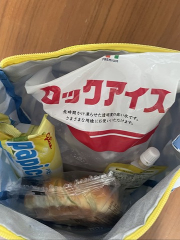 ポーチの中にロックアイスとゼリーとパピコとパン