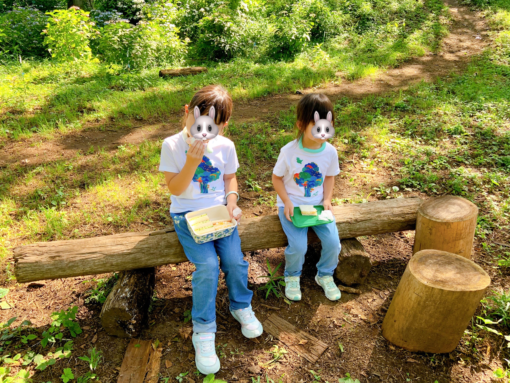 鎌倉の山へハイキングに行き朝ごはんのサンドイッチを食べる子供
