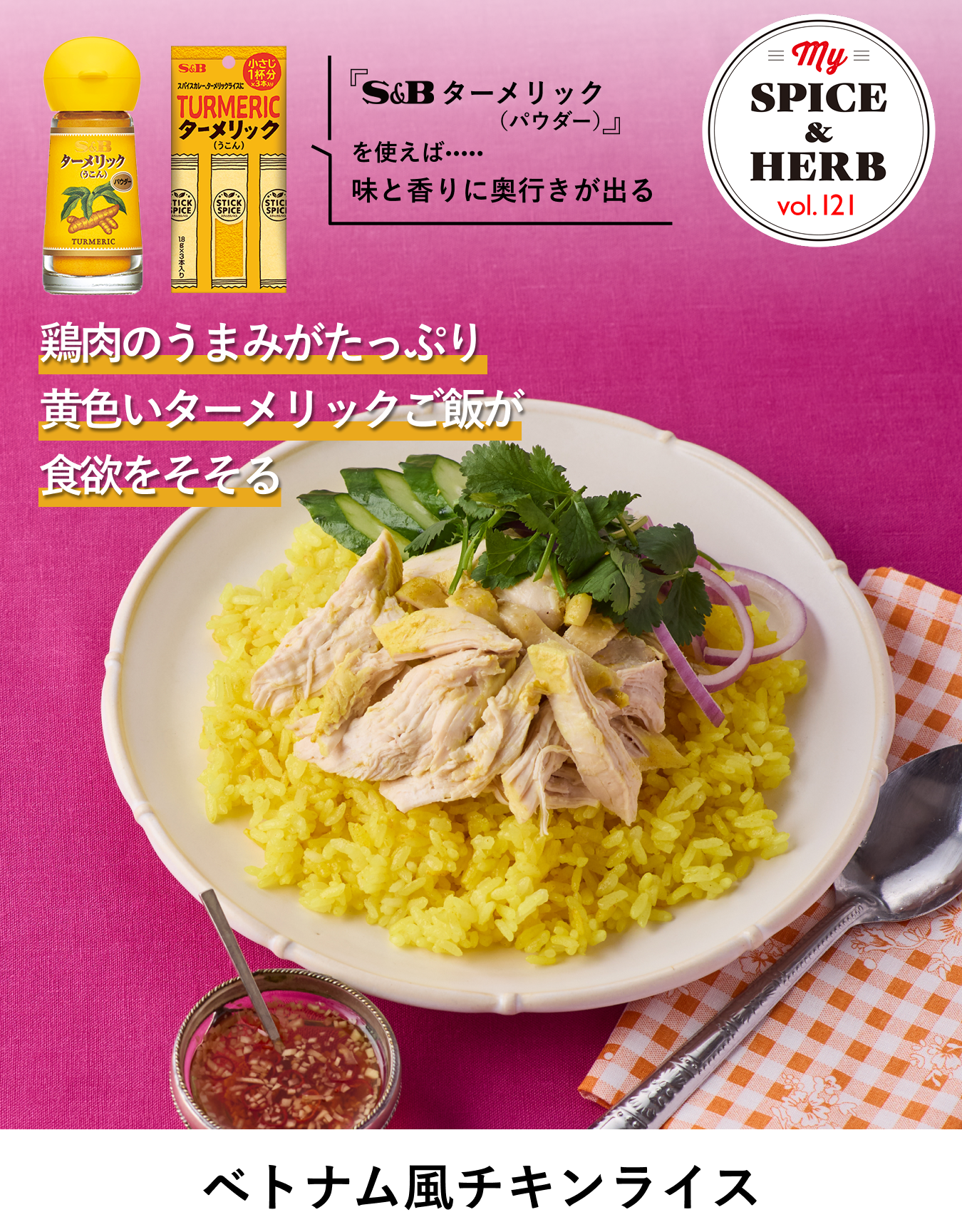 S&Bスパイス&ハーブ　ターメリック（パウダー）、スティックスパイス　ターメリック（うこん）を使えば..味と香りに奥行きが出る『ベトナム風チキンライス』