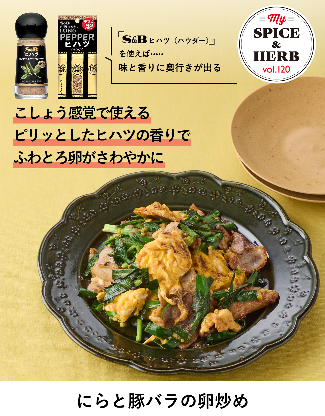 S&Bスパイス&ハーブ　ヒハツ（パウダー）、スティックスパイス　ヒハツ（パウダー）を使えば..味と香りに奥行きが出る『にらと豚バラの卵炒め』