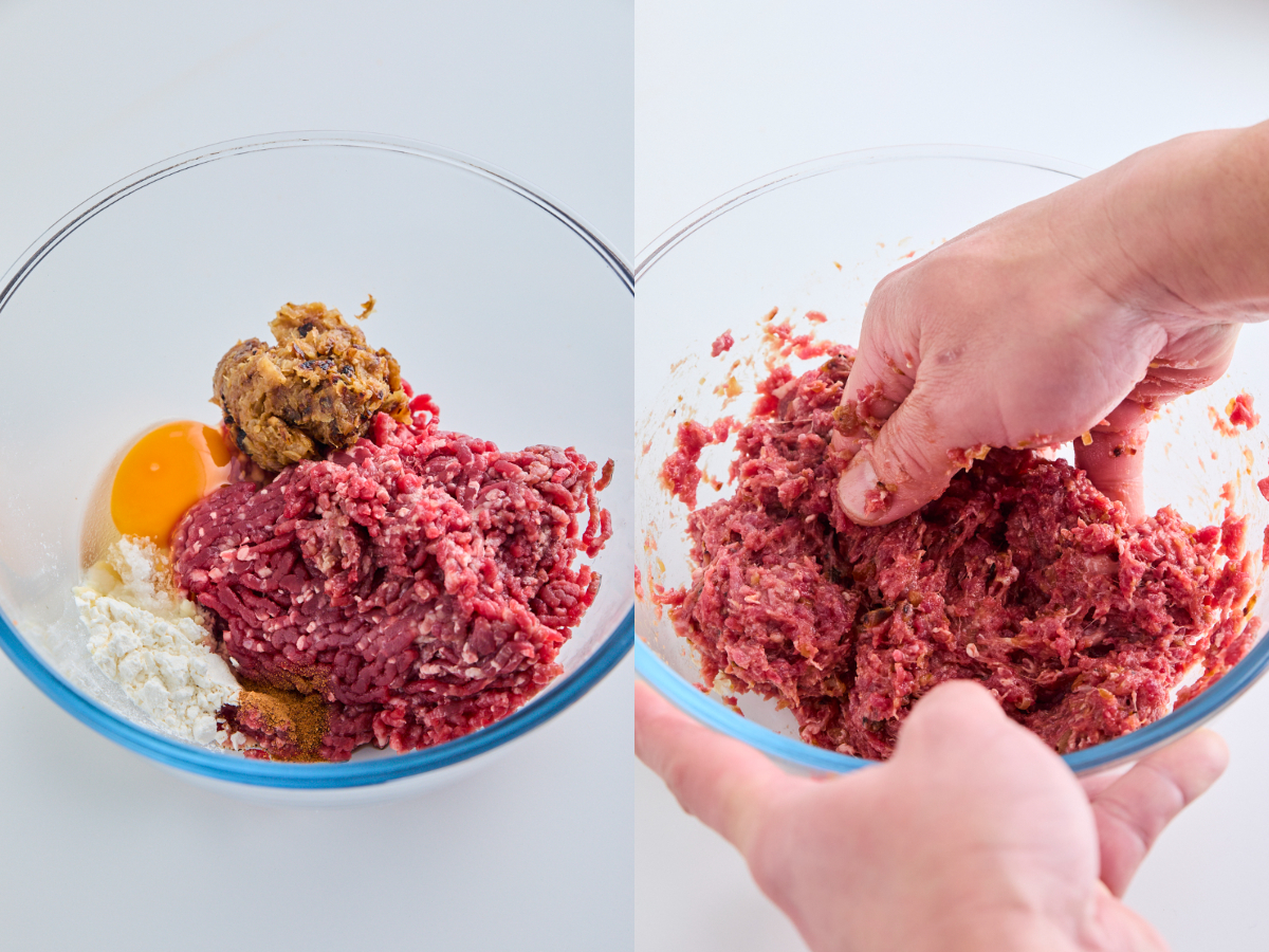 ひき肉、卵、玉ねぎ、調味料を入れ練り混ぜる
