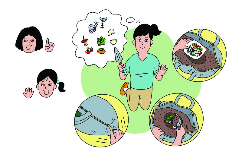 生ごみをコンポストバッグに投入する3ステップのイラスト