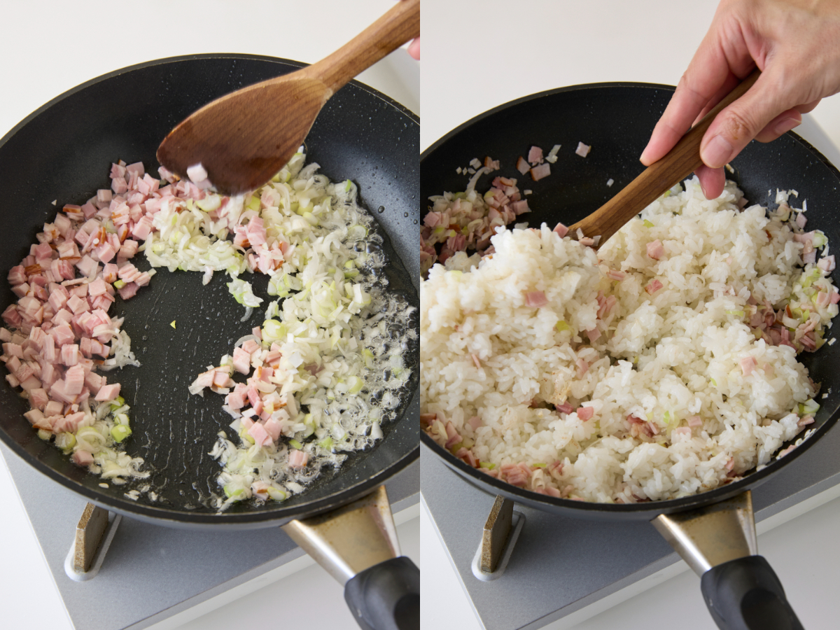 ハム、ねぎを炒めご飯を入れる
