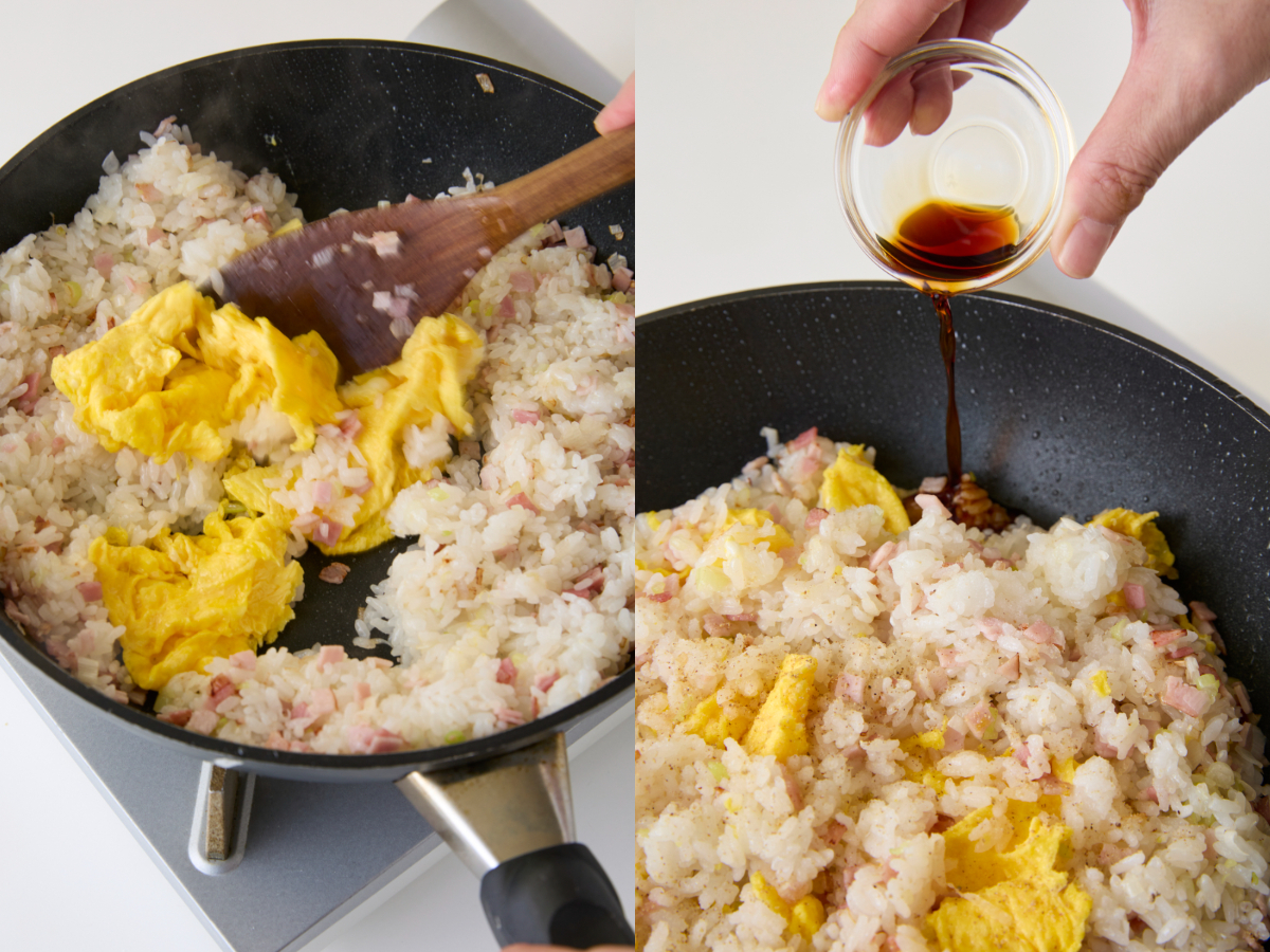 ご飯がほぐれたら卵を入れ炒める
