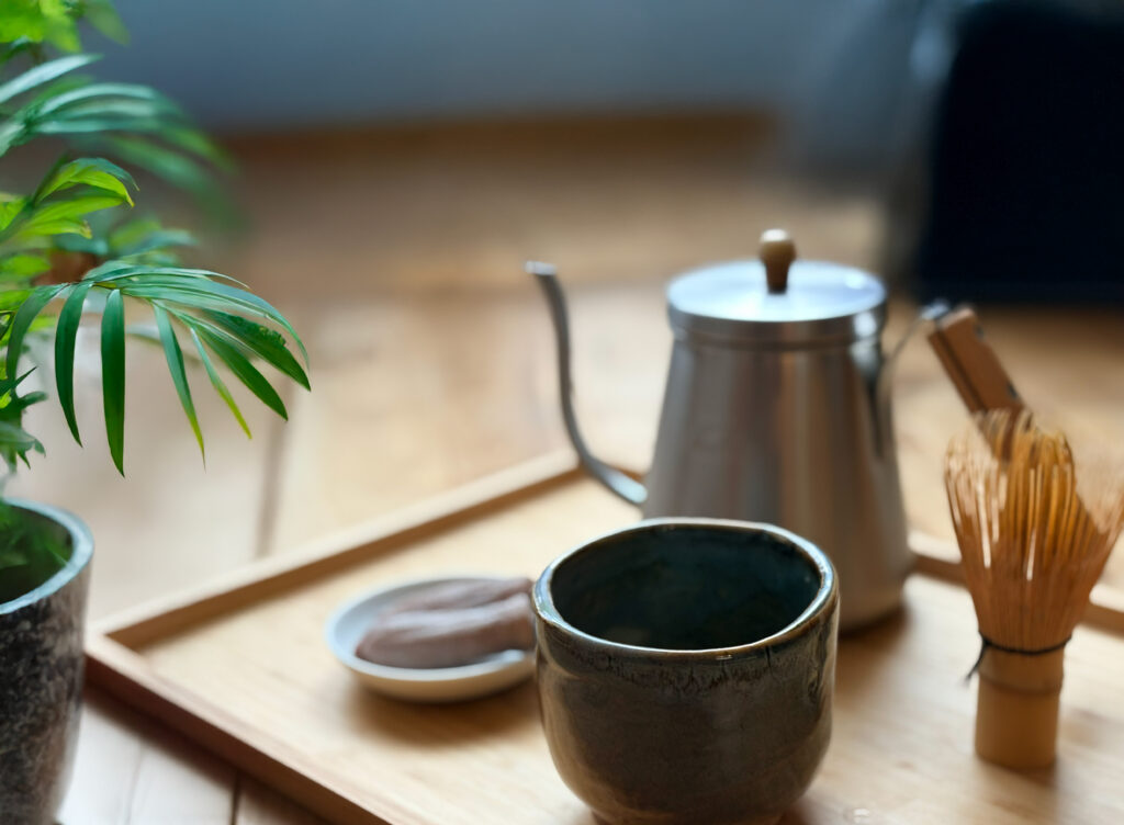 干し柿と湯気の上がるコーヒーポッド、抹茶がトレーに乗っている